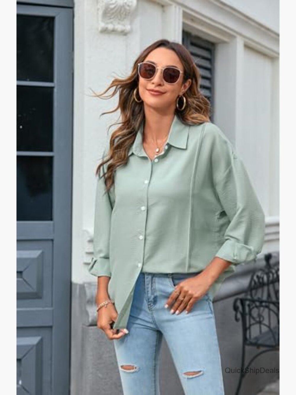 Oversized Button Down Shirt Long Sleeve Gauze Blouse Casual Dressy - Picture 2 of 7